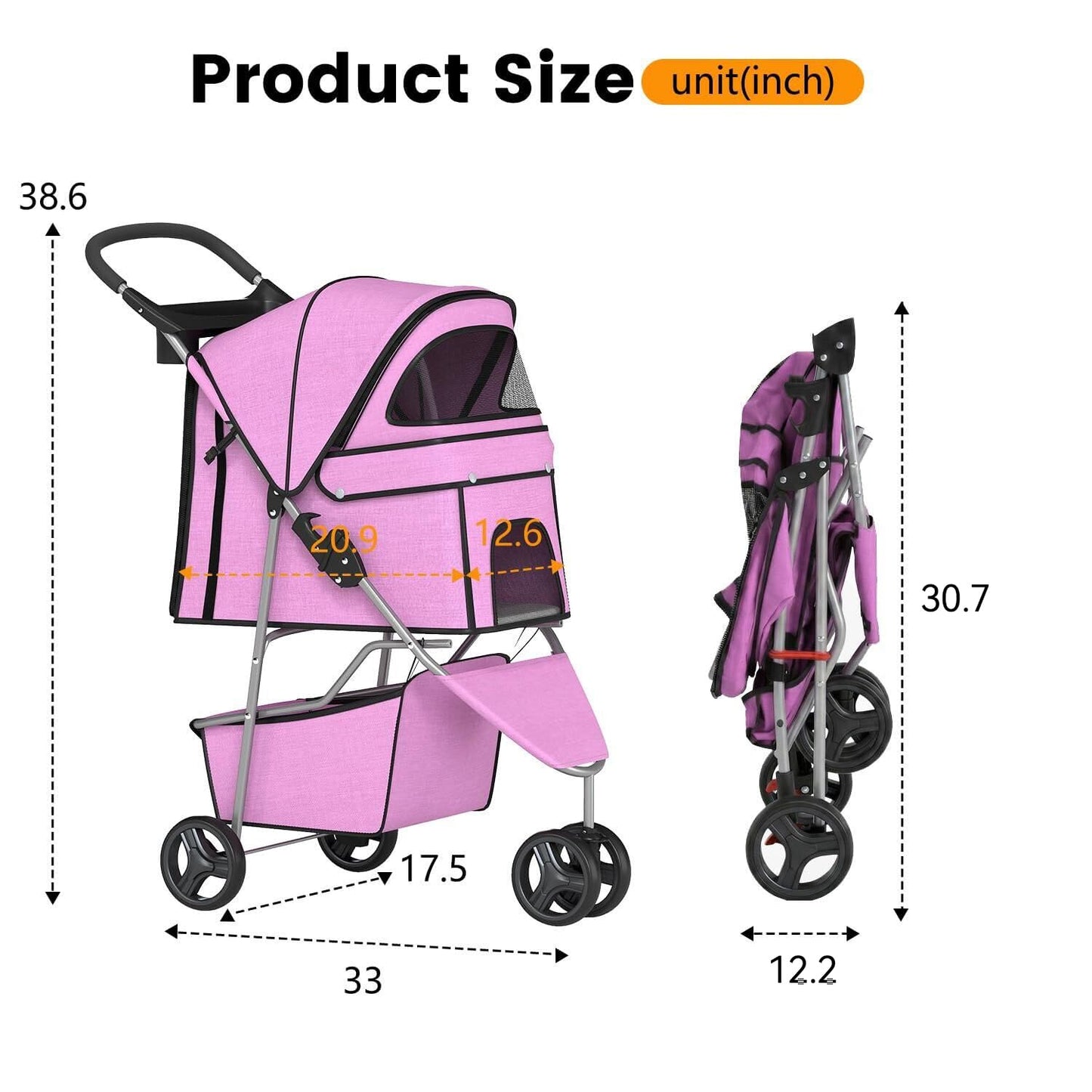 3 Wheels Pet Dog Stroller Cat Cage for Medium Small Dogs Cats Travel Folding Carrier Waterproof Puppy Stroller with Cup Holder & Removable Liner,Pink