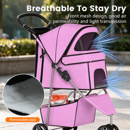 3 Wheels Pet Dog Stroller Cat Cage for Medium Small Dogs Cats Travel Folding Carrier Waterproof Puppy Stroller with Cup Holder & Removable Liner,Pink
